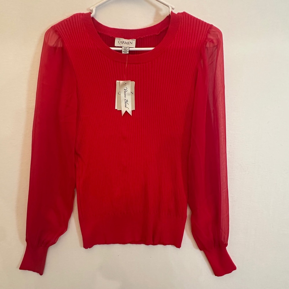 Carmen Marc Valvo Red Ribbed Knit Sheer Puff Sleeve Sweater Top Small NWT